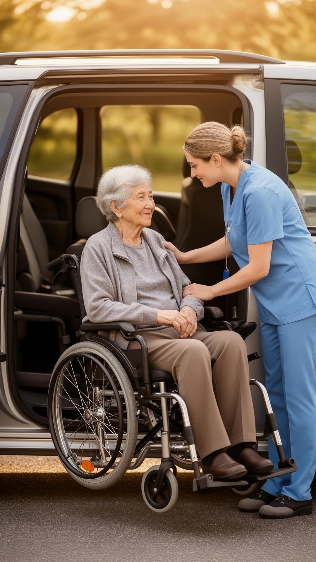 Caregiver assisting elderly client into accessible vehicle
